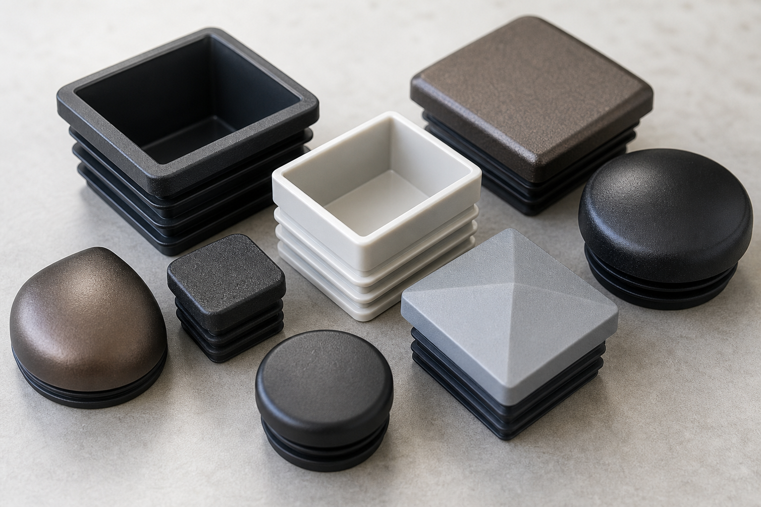 Various types of new, clean Patio End Caps arranged neatly on a surface, with a blurred background of patio furniture.