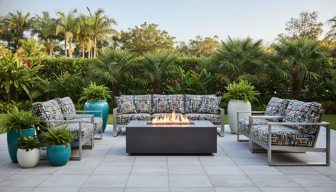 Sunbrella Emerge Fabric modern patio design with vibrant cushions