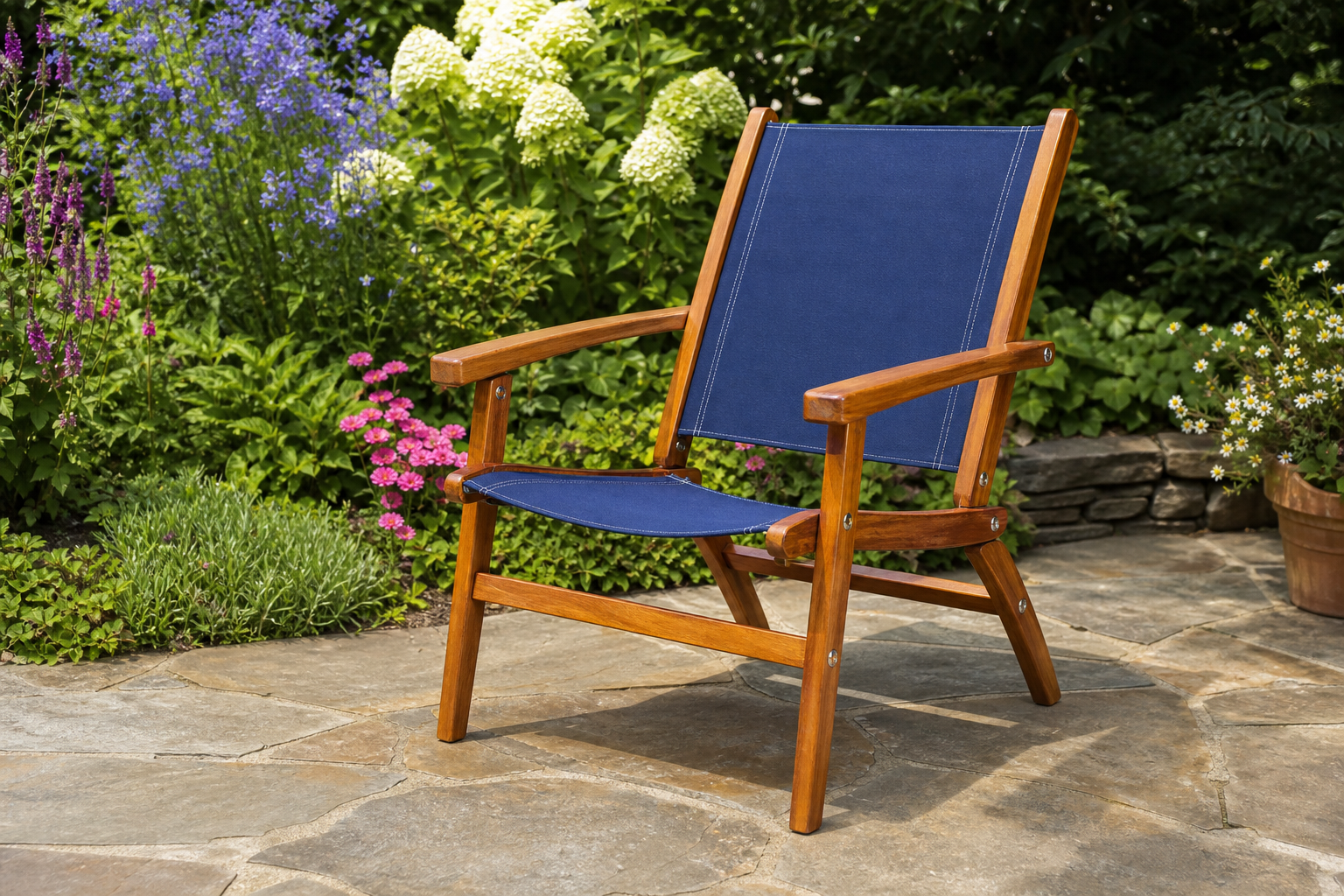 A bright, inviting outdoor patio scene with beautifully restored DIY patio furniture, sunlight, green plants, and a cozy atmosphere. Rectangular, 16:9 aspect ratio.