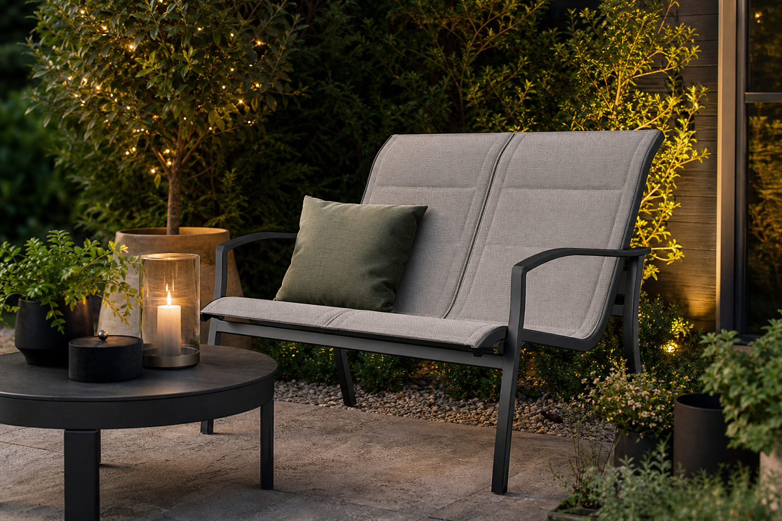 Loveseat Sling Comfort: A couple relaxing on an outdoor loveseat with a comfortable sling fabric.