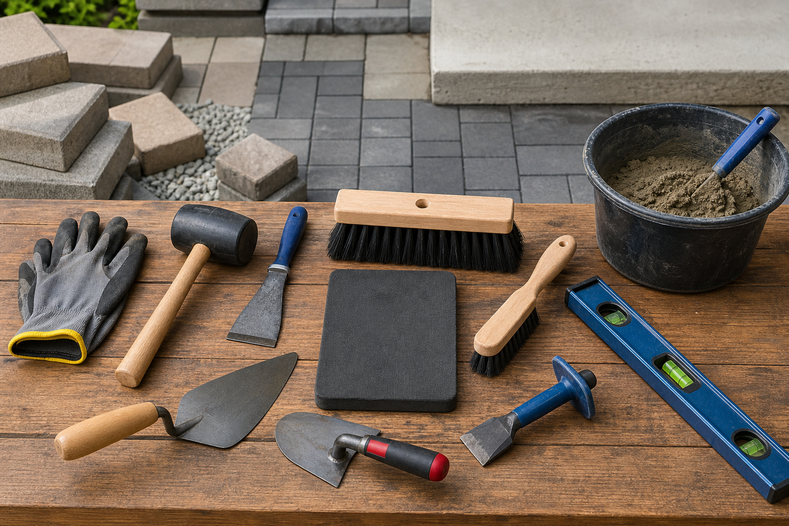 Patio Repair Tools List laid out on a clean patio, including a rubber mallet, trowel, and paver lifter, ready for a DIY project.