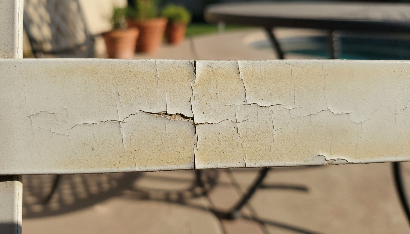 Patio chair with cracked vinyl strap failures from sun damage