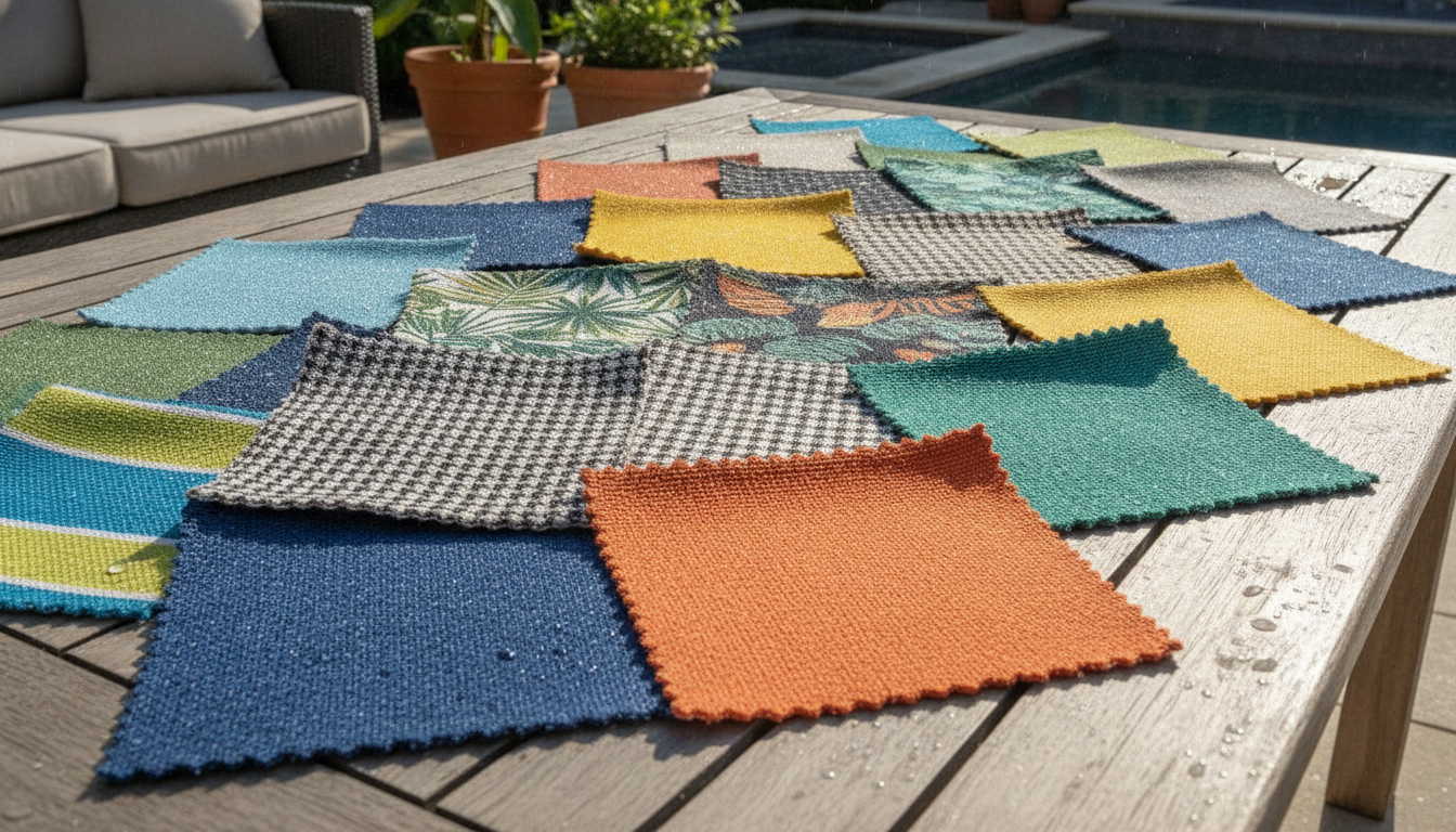 Colorful Patio Fabric Samples displayed on an outdoor patio