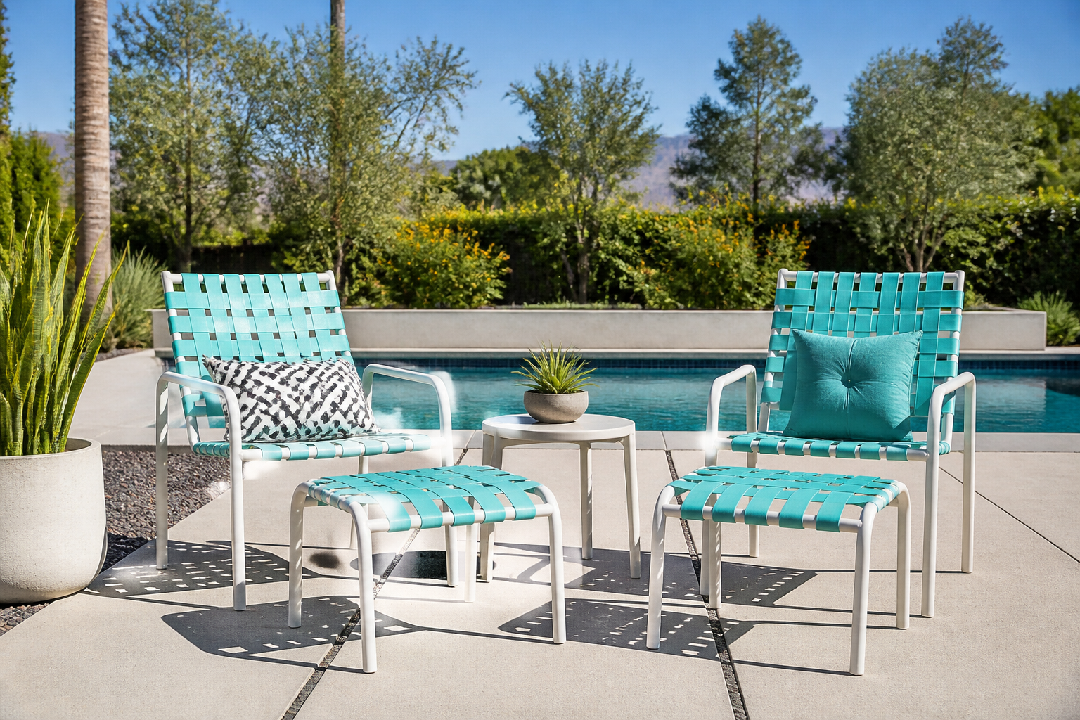A vibrant, stylish patio scene showcasing outdoor chairs and a table with newly styled Vinyl Strap Styling in a modern color palette, bathed in warm sunlight. Focus on the texture and design of the vinyl straps.